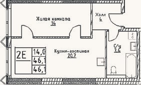 Планировка: 2-к, 46,1 м²