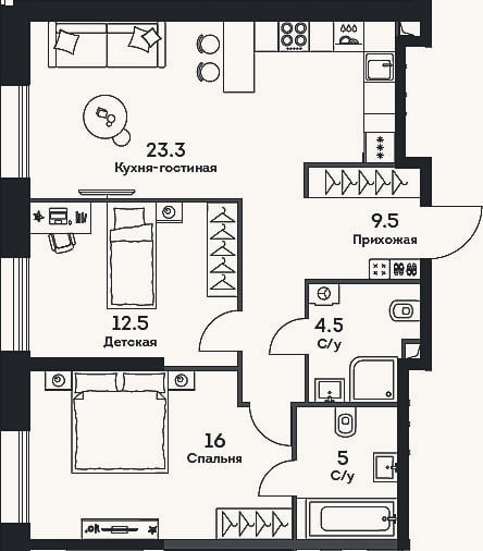 Планировка: 3-к, 70,8 м²