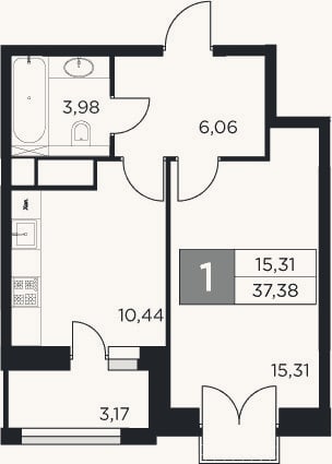 Планировка: 1-к, 35,8 м²
