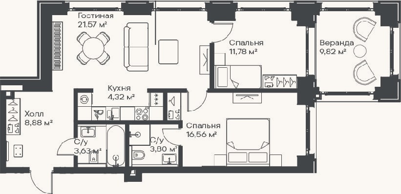Планировка: 3-к, 70,5 м²