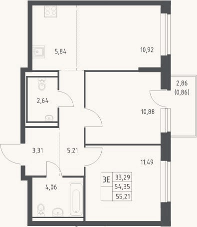 Планировка: 3-к, 54,4 м²