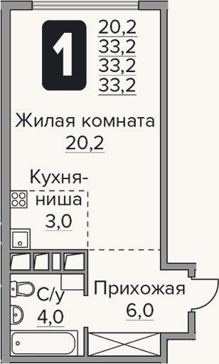 Планировка: Студия, 33,2 м²