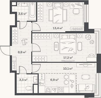 Планировка: 3-к, 63,3 м²