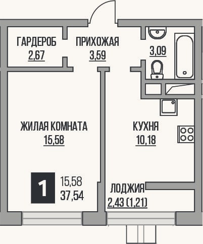 Планировка: 1-к, 35,1 м²