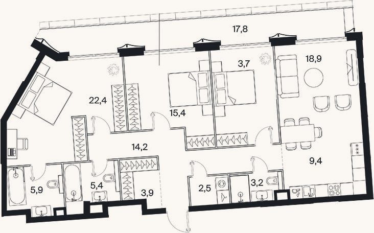 Планировка: 4+ к, 114,2 м²