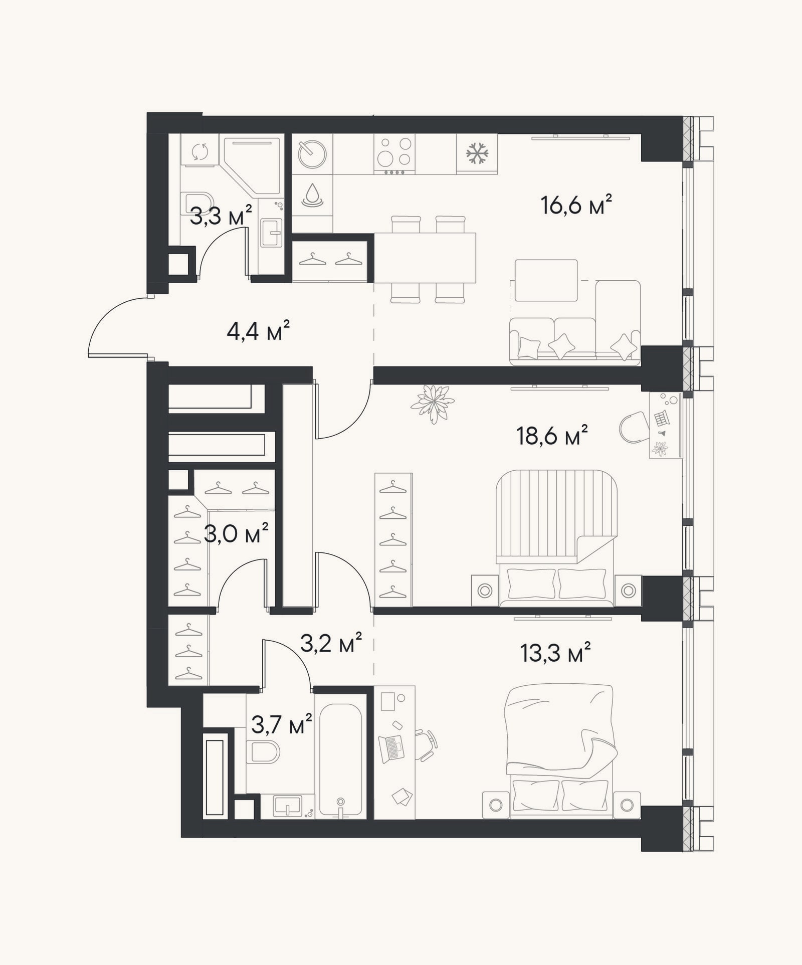 Планировка: 2-к, 66,1 м²