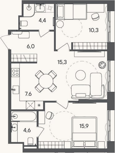 Планировка: 3-к, 64,1 м²