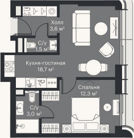 Планировка: 2-к, 39,1 м²