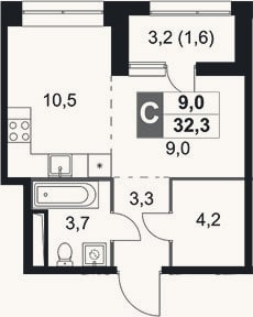 Планировка: Студия, 30,7 м²