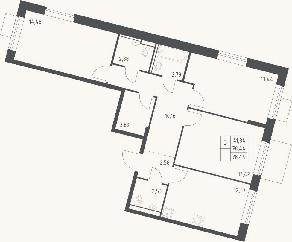 Планировка: 3-к, 78,4 м²