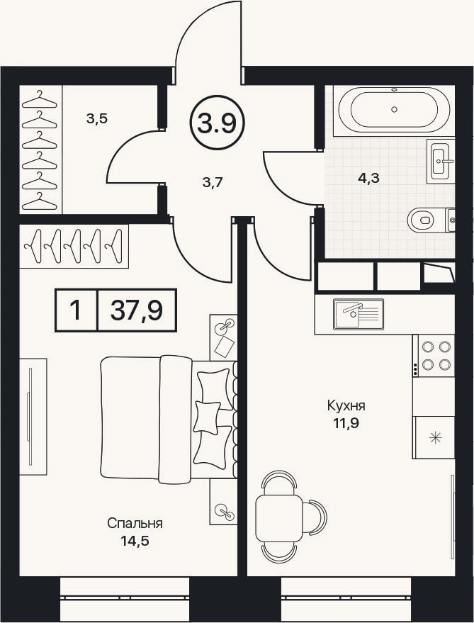 Планировка: 1-к, 37,9 м²