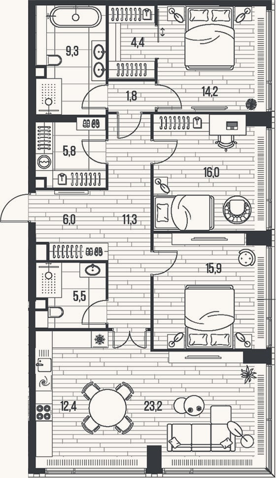 Планировка: 4+ к, 125,8 м²