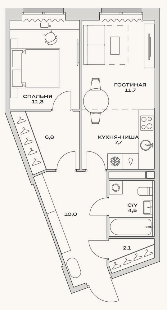 Планировка: 2-к, 55,7 м²