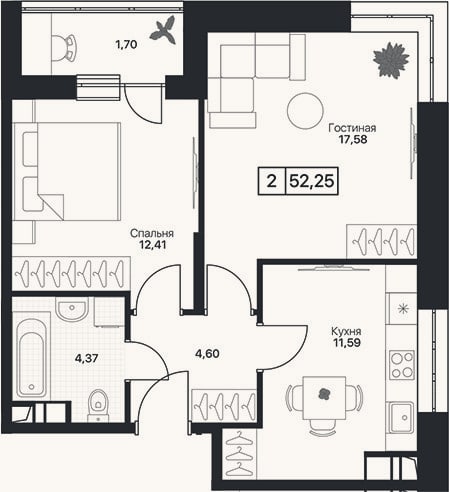 Планировка: 2-к, 50,4 м²