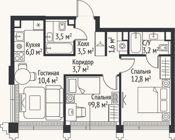 Планировка: 3-к, 54,5 м²