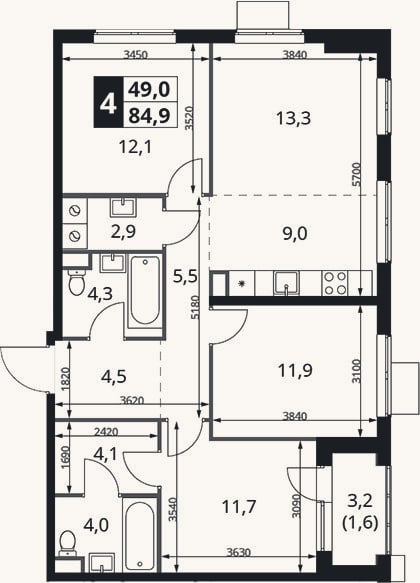 Планировка: 4+ к, 83,3 м²
