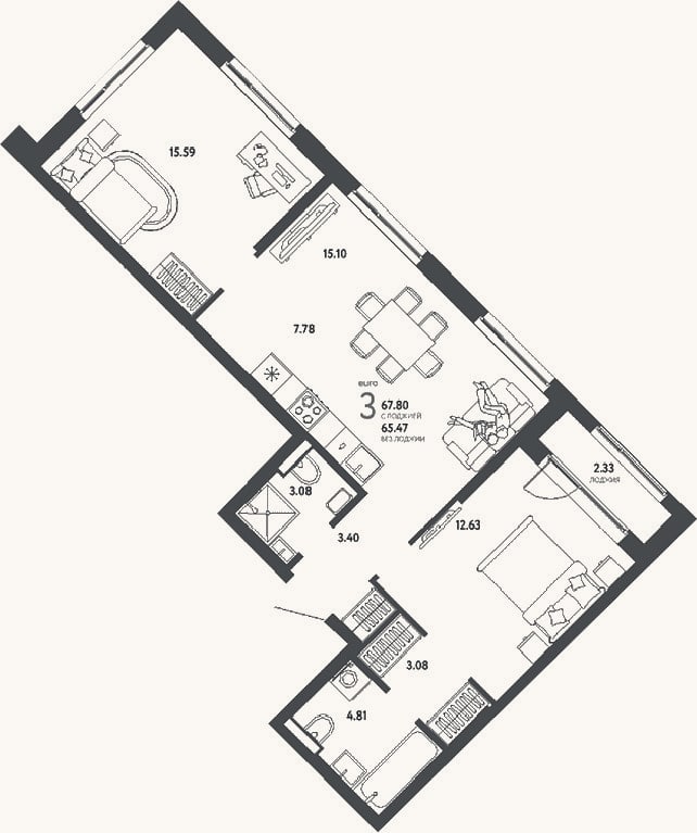 Планировка: 3-к, 65,5 м²