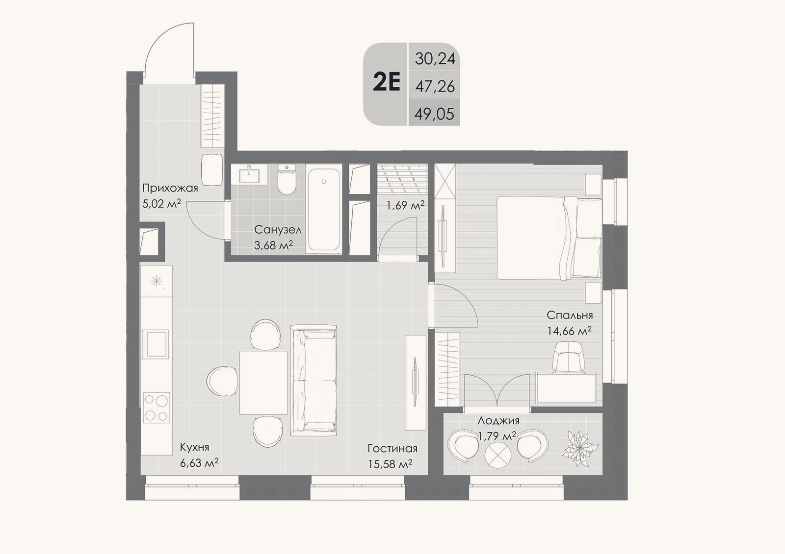 Планировка: 2-к, 47,3 м²
