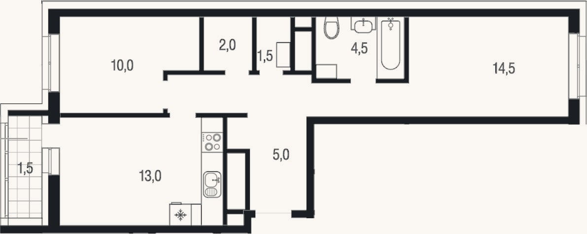Планировка: 2-к, 50,5 м²
