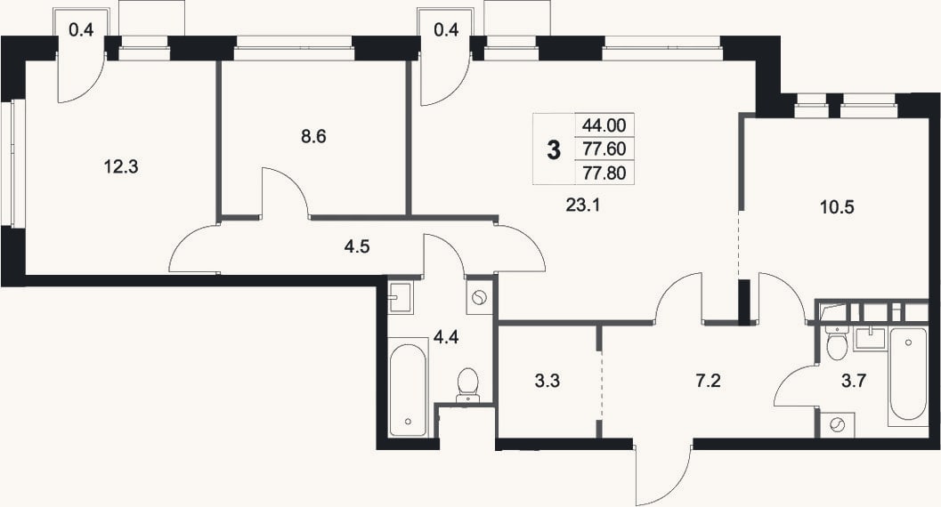 Планировка: 3-к, 77,6 м²