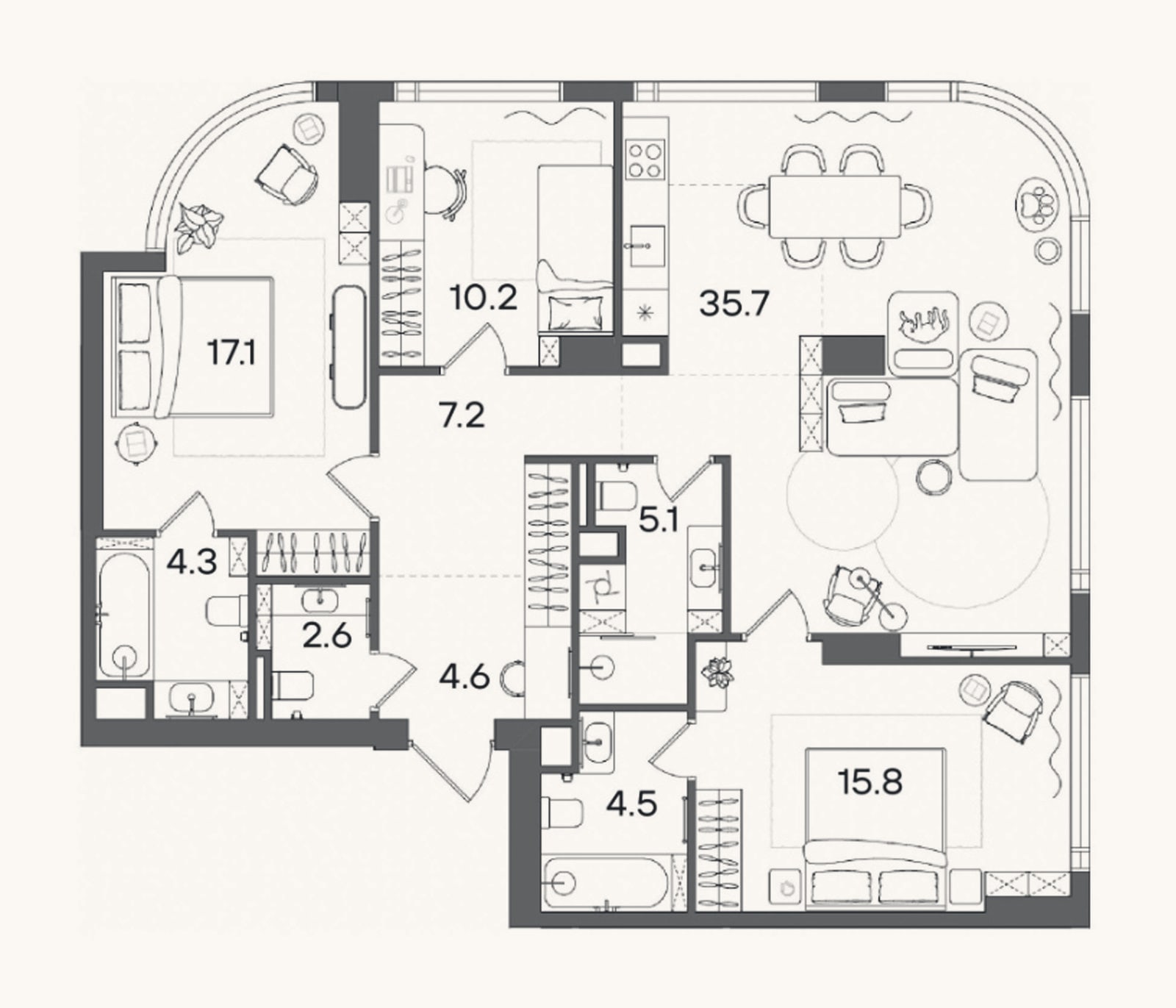 Планировка: 4+ к, 107,1 м²