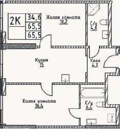 Планировка: 2-к, 65,5 м²