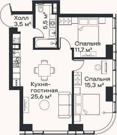Планировка: 3-к, 61,6 м²