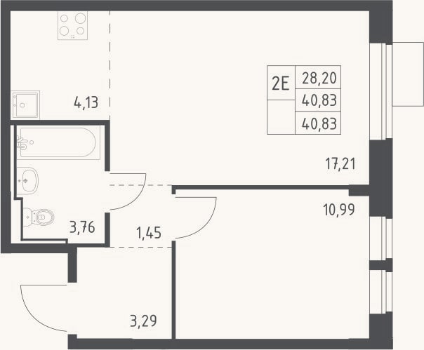 Планировка: 2-к, 40,8 м²