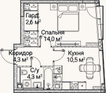 Планировка: 1-к, 35,9 м²