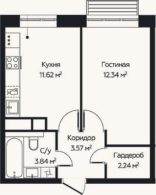 Планировка: 1-к, 33,6 м²