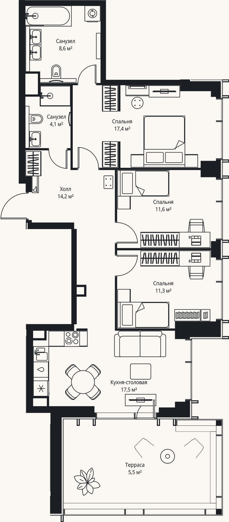 Планировка: 4+ к, 84,7 м²