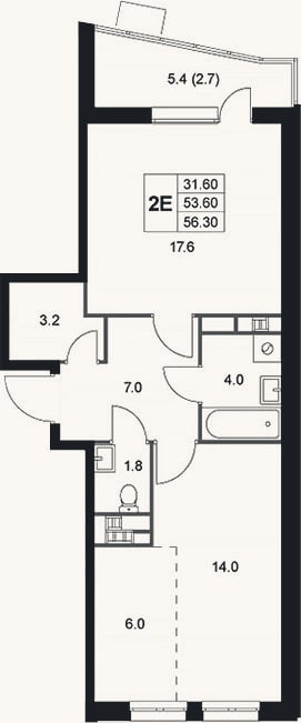 Планировка: 2-к, 53,6 м²