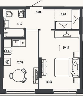 Планировка: 1-к, 39,2 м²