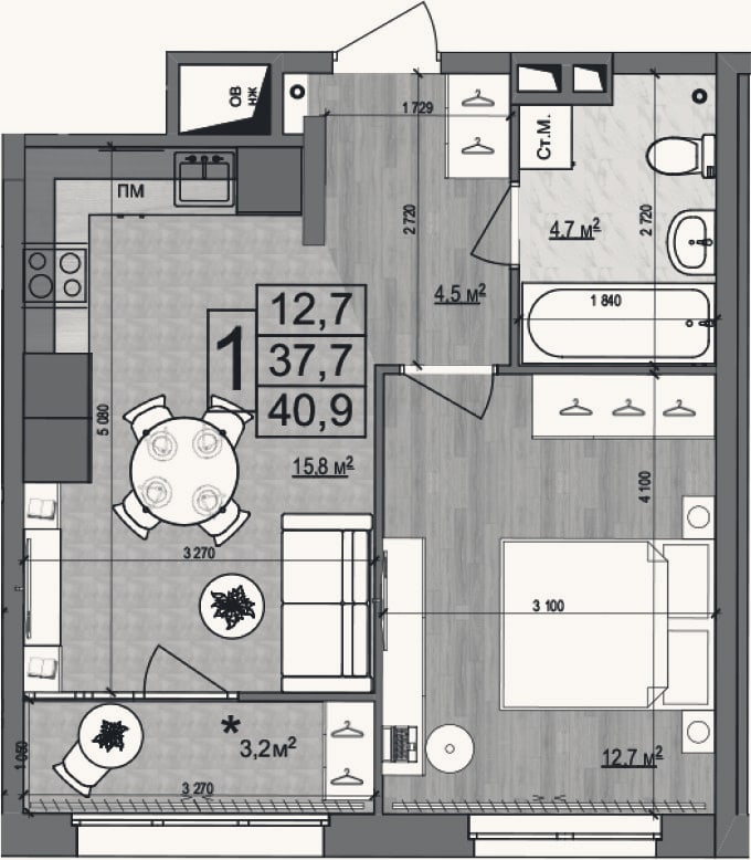 Планировка: 2-к, 37,7 м²