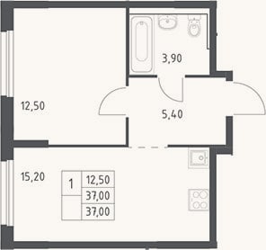 Планировка: 2-к, 37 м²