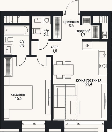 Планировка: 2-к, 51 м²