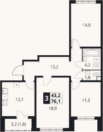 Планировка: 3-к, 74,5 м²