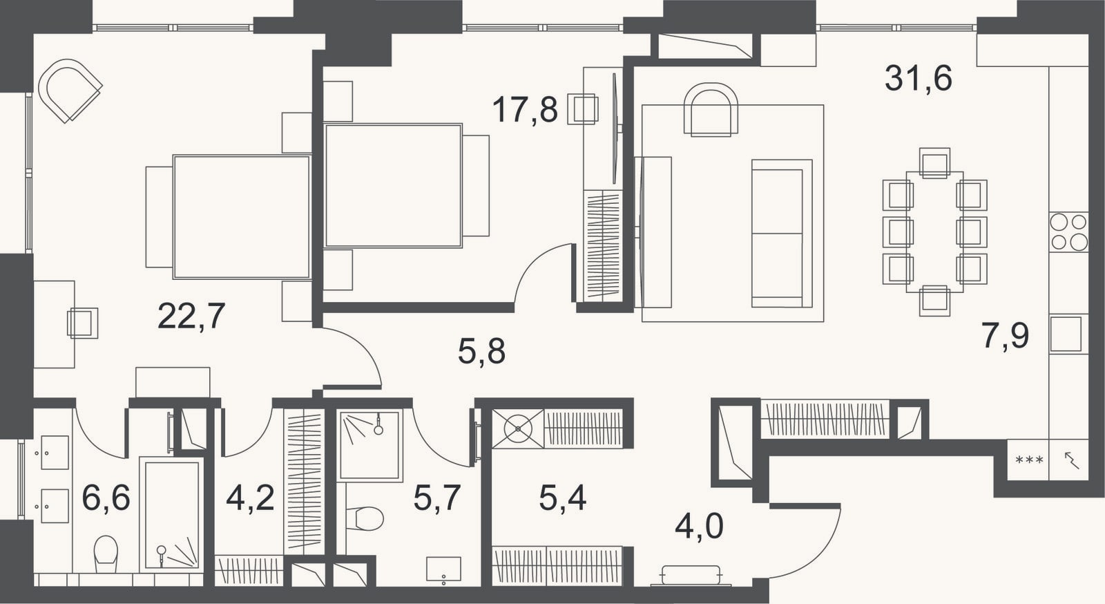 Планировка: 3-к, 111,6 м²