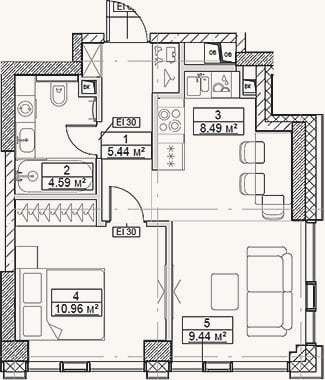Планировка: 2-к, 38,9 м²