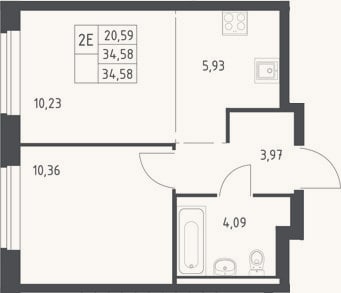 Планировка: 2-к, 34,6 м²