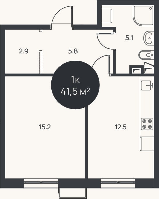 Планировка: 1-к, 41,5 м²