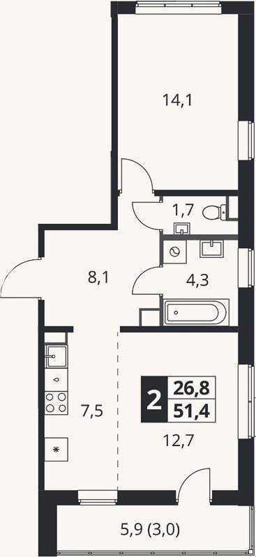 Планировка: 2-к, 48,4 м²