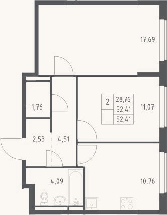 Планировка: 2-к, 52,4 м²