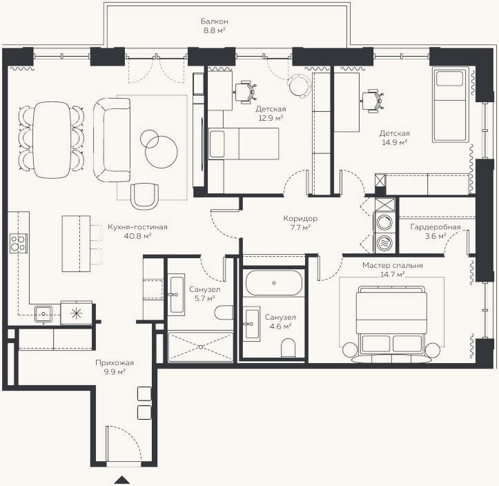 Планировка: 4+ к, 125,3 м²
