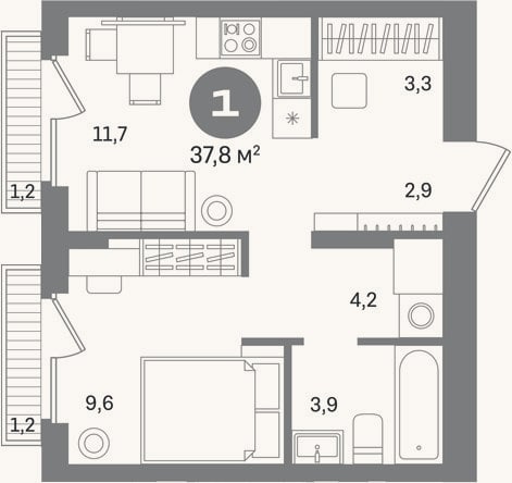 Планировка: 1-к, 35,4 м²
