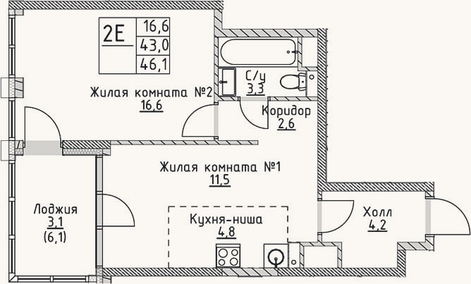 Планировка: 2-к, 43 м²