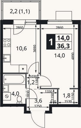 Планировка: 1-к, 35,2 м²