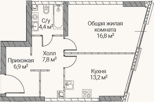 Планировка: 1-к, 49,1 м²