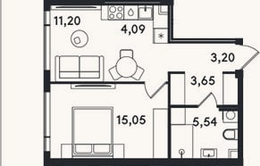 Планировка: 2-к, 42,7 м²