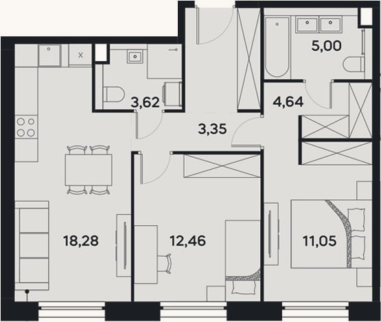 Планировка: 3-к, 63,6 м²